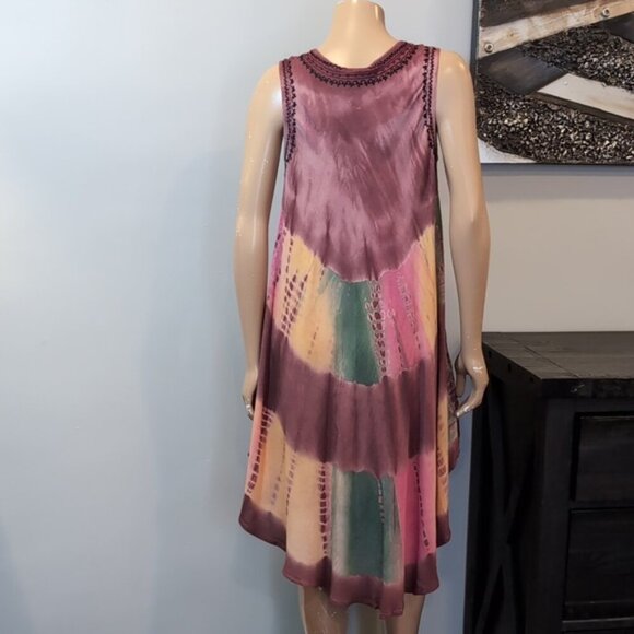 India Boutique Tie Dye Rayon Dress Umbrella Cover Up Embroidered Sleeveless O/S - Picture 13 of 16